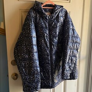 Woman Within Dark Blue Quilted Jacket with flower pattern